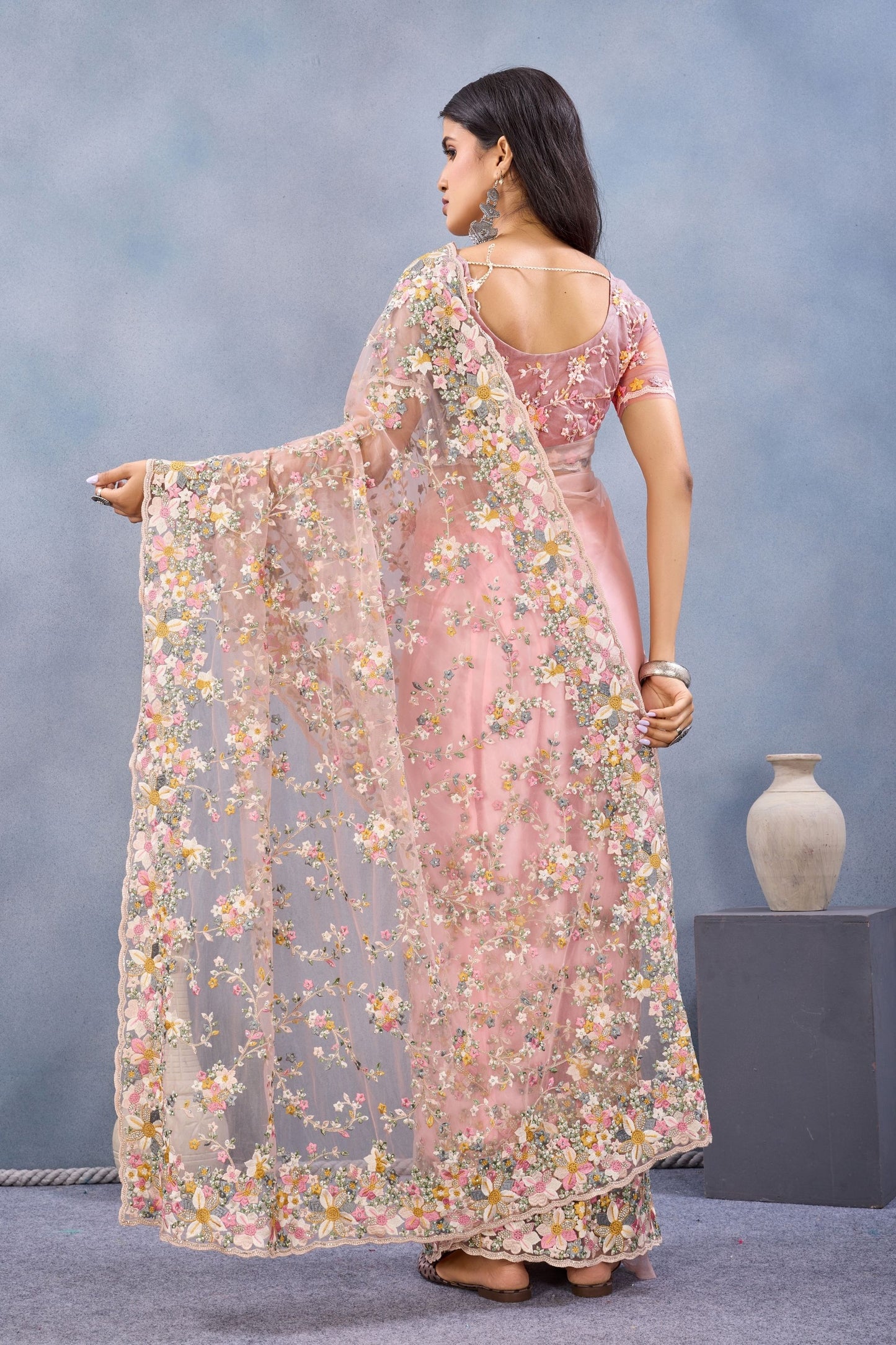Peach Pink Floral Embroidered Net Saree with Designer Border