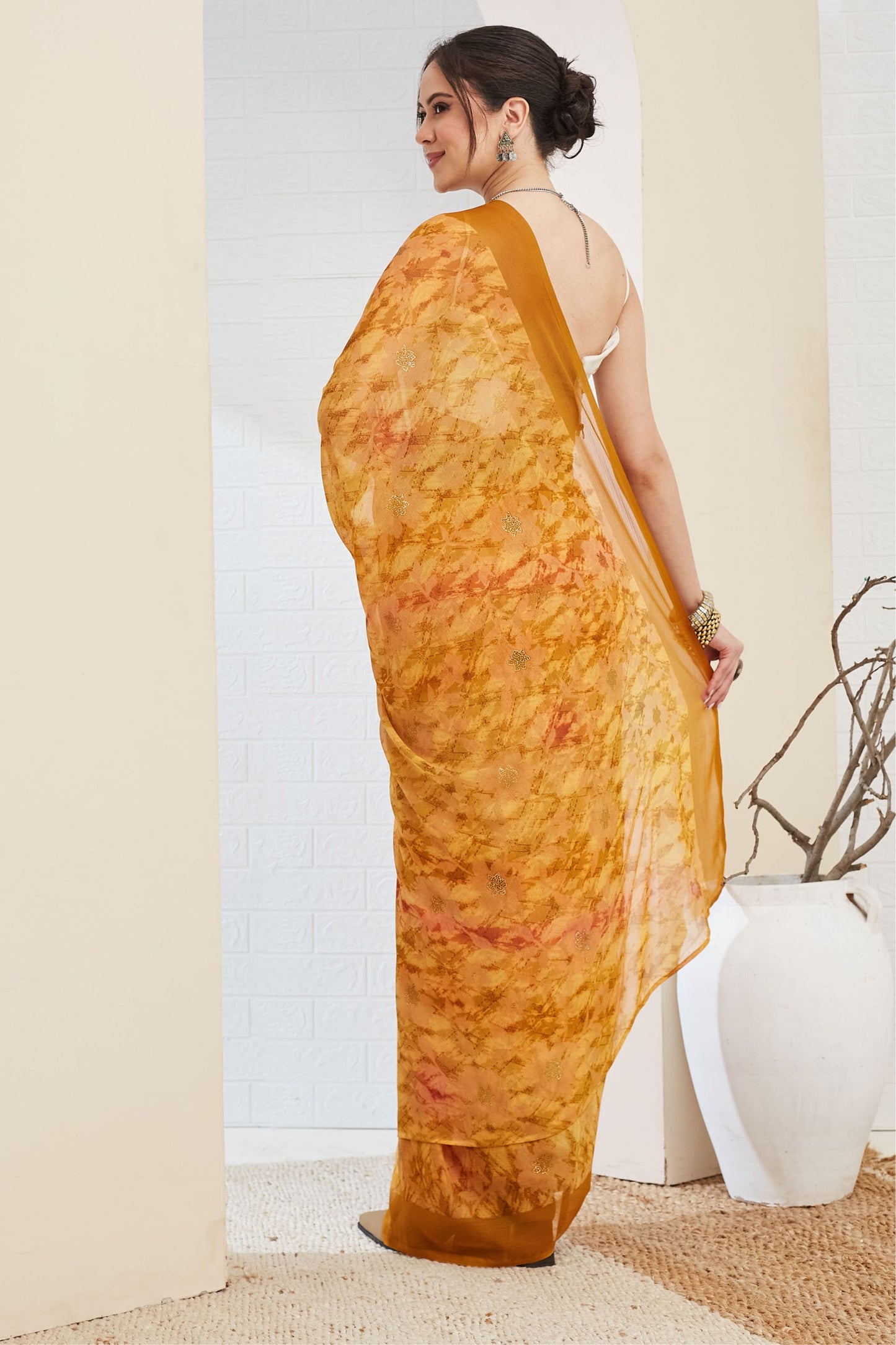 Mustard Yellow Floral Printed Designer Saree with Contrast Border