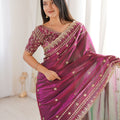 Magenta Purple Organza Silk Saree Golden Thread Embroidery Blouse