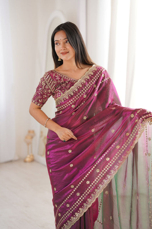 Magenta Purple Organza Silk Saree Golden Thread Embroidery Blouse