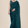 Teal Green Net Saree Heavy Sequins Embroidery Designer Blouse