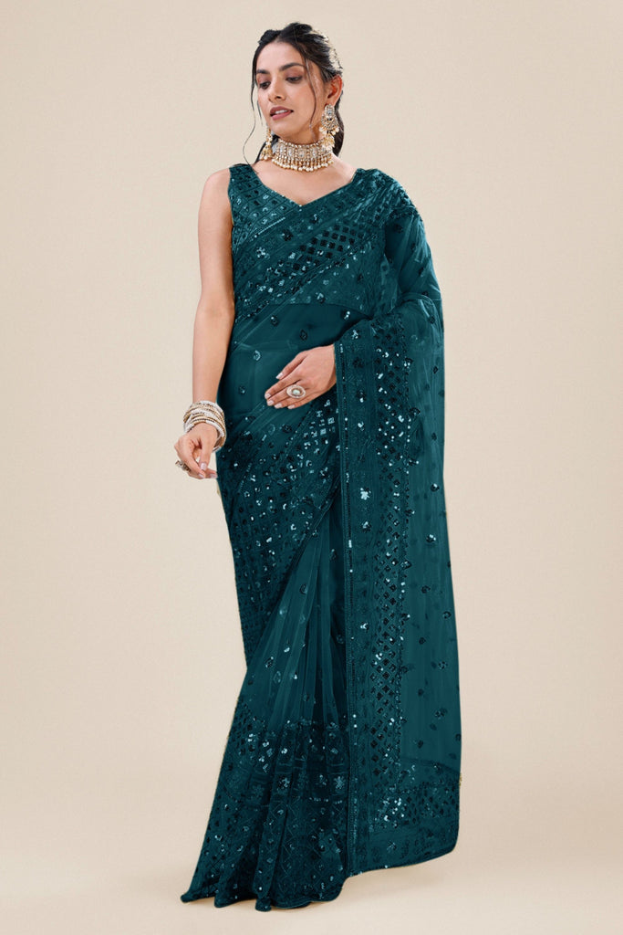 Teal Green Net Saree Heavy Sequins Embroidery Designer Blouse