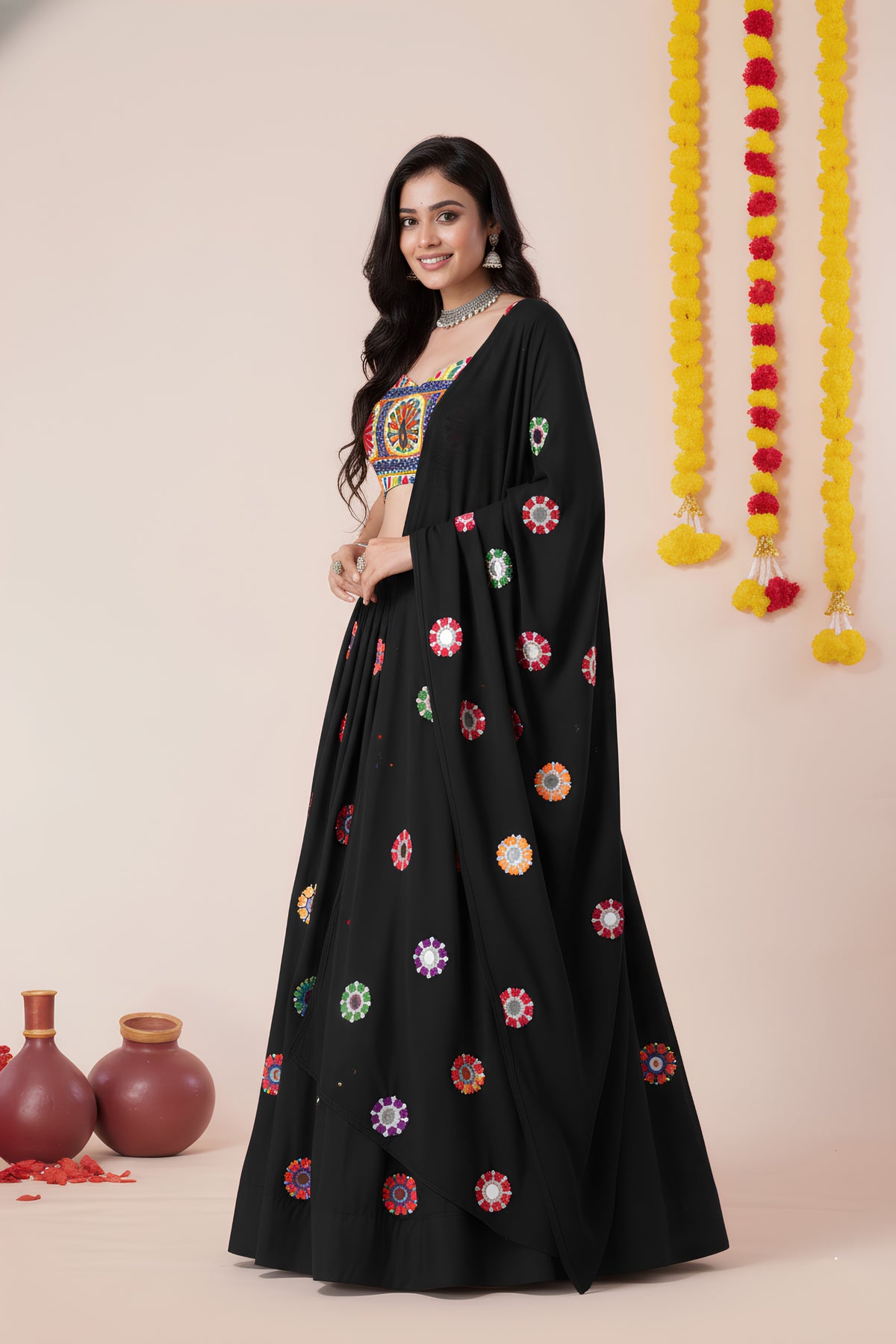 Trendy Black Rayon Mirror Work Designer Lehenga Choli with Dupatta for Women