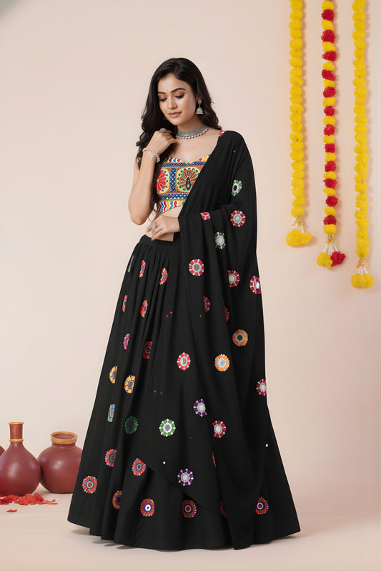Elegant Black Rayon Mirror Work Lehenga Choli with Designer Blouse for Women