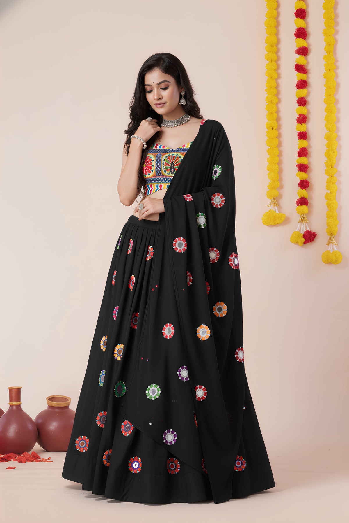 Trendy Black Rayon Mirror Work Designer Lehenga Choli with Dupatta for Women
