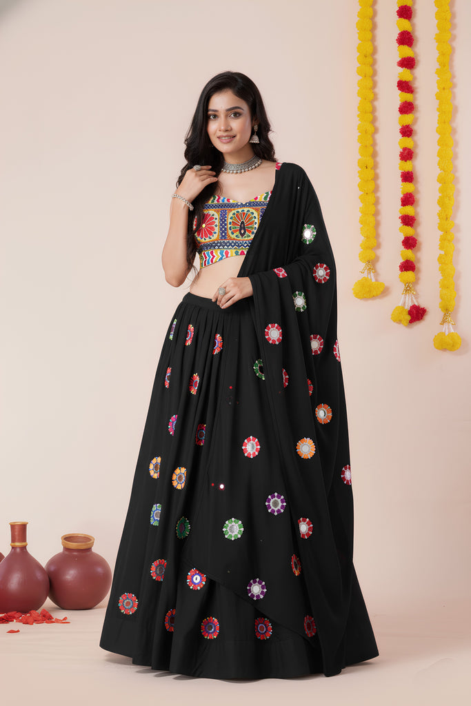Trendy Black Rayon Mirror Work Designer Lehenga Choli with Dupatta for Women