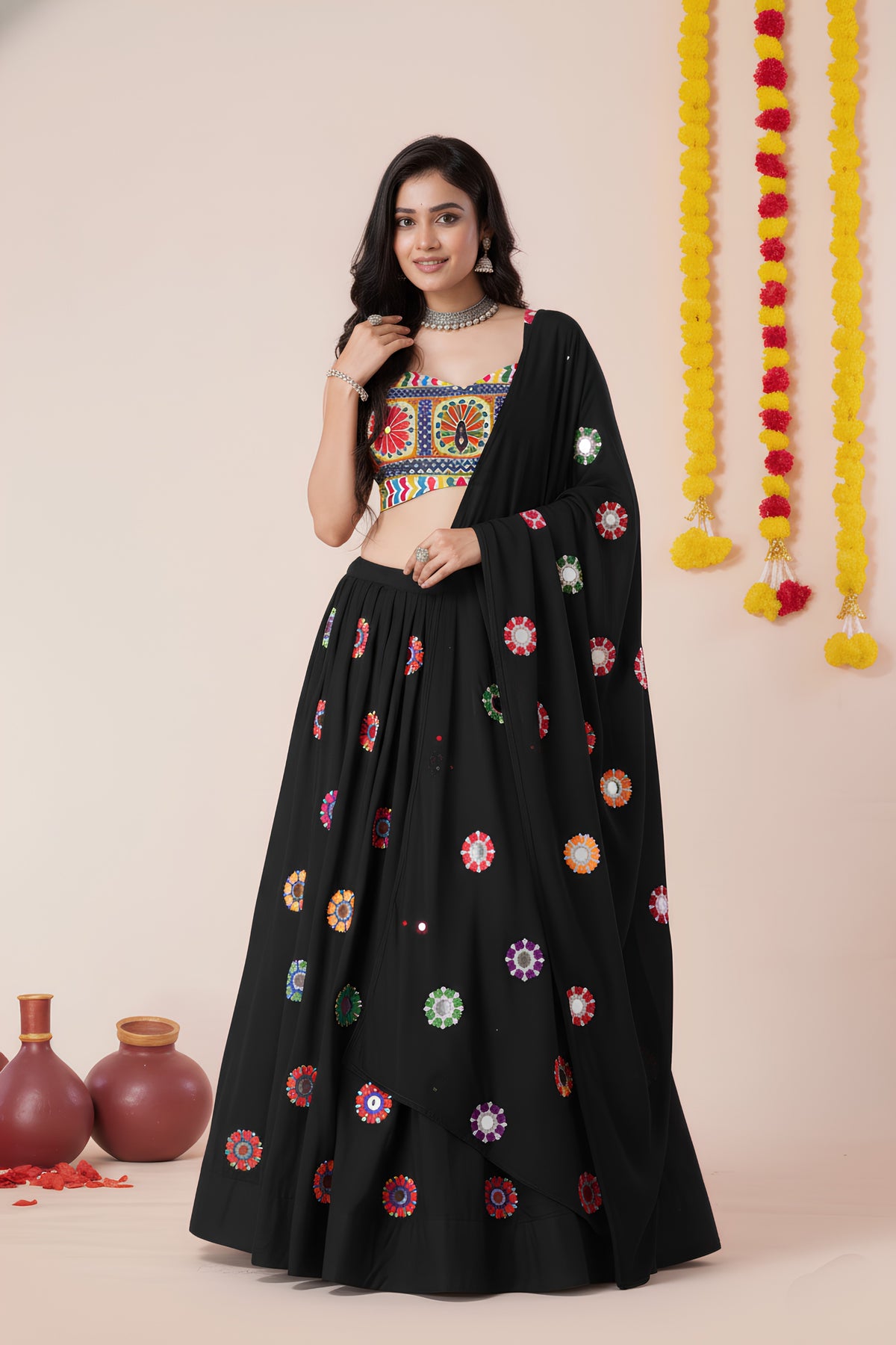 Trendy Black Rayon Mirror Work Designer Lehenga Choli with Dupatta for Women