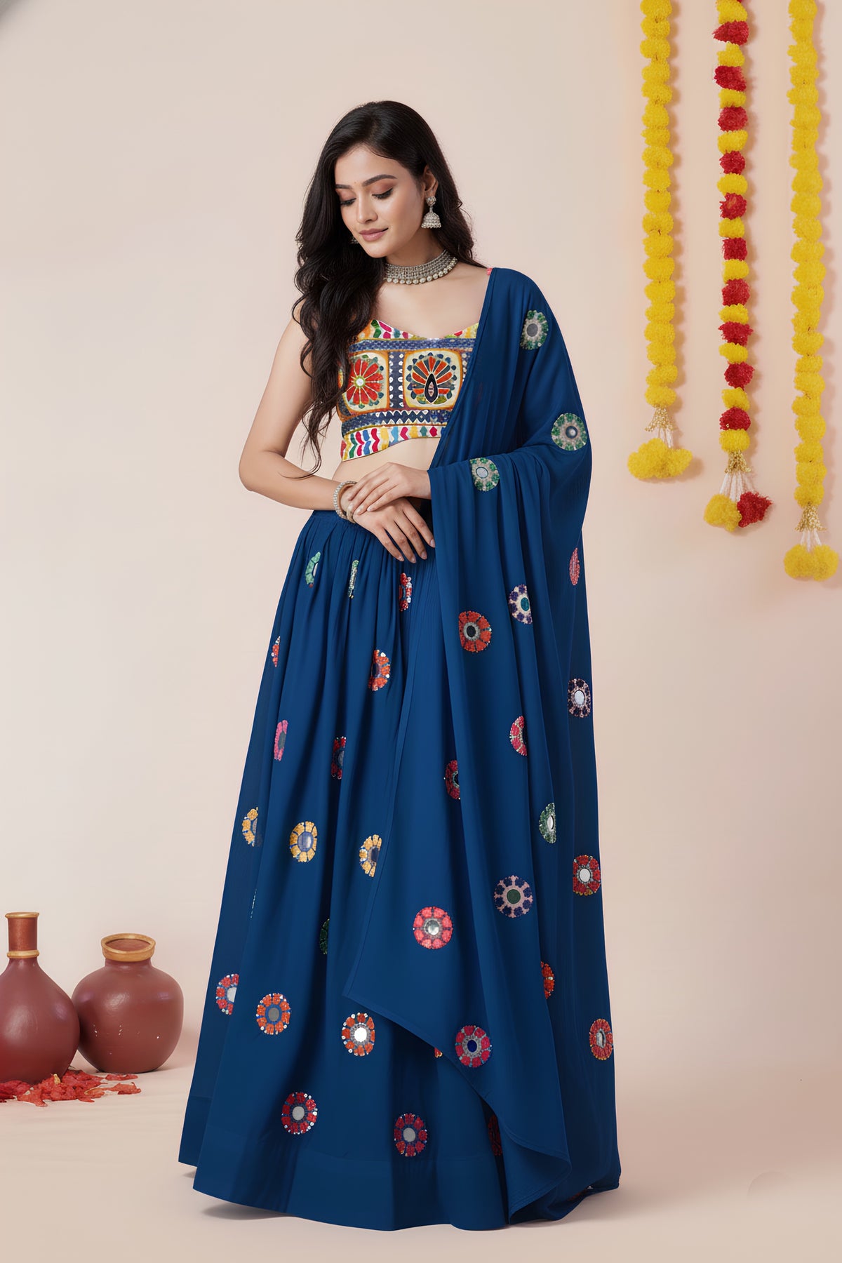 Stylish Royal Blue Rayon Mirror Work Designer Lehenga Choli with Dupatta for Women