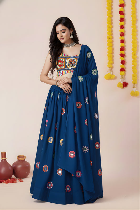 Stylish Royal Blue Rayon Mirror Work Lehenga Choli with Designer Blouse for Women