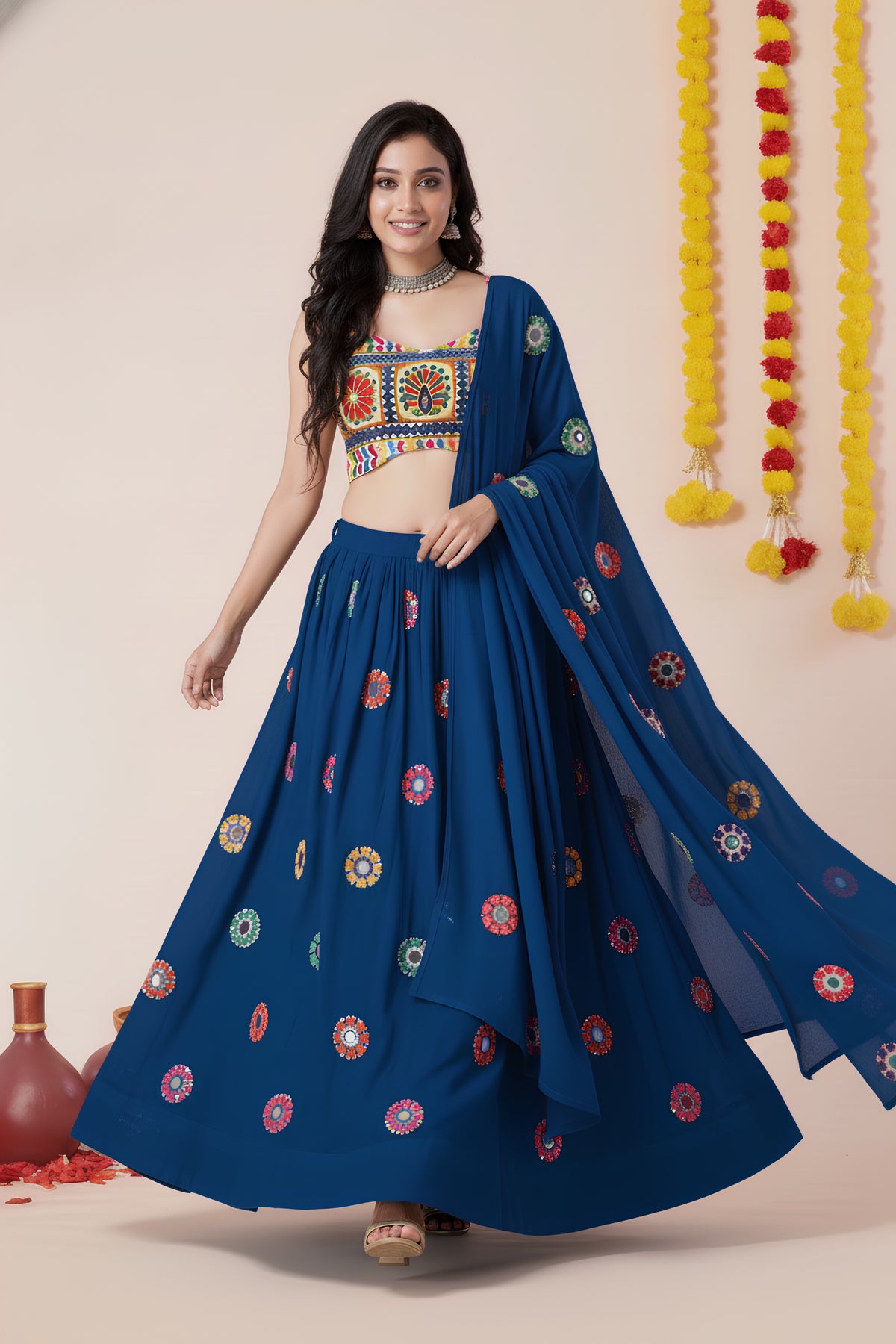 Stylish Royal Blue Rayon Mirror Work Designer Lehenga Choli with Dupatta for Women