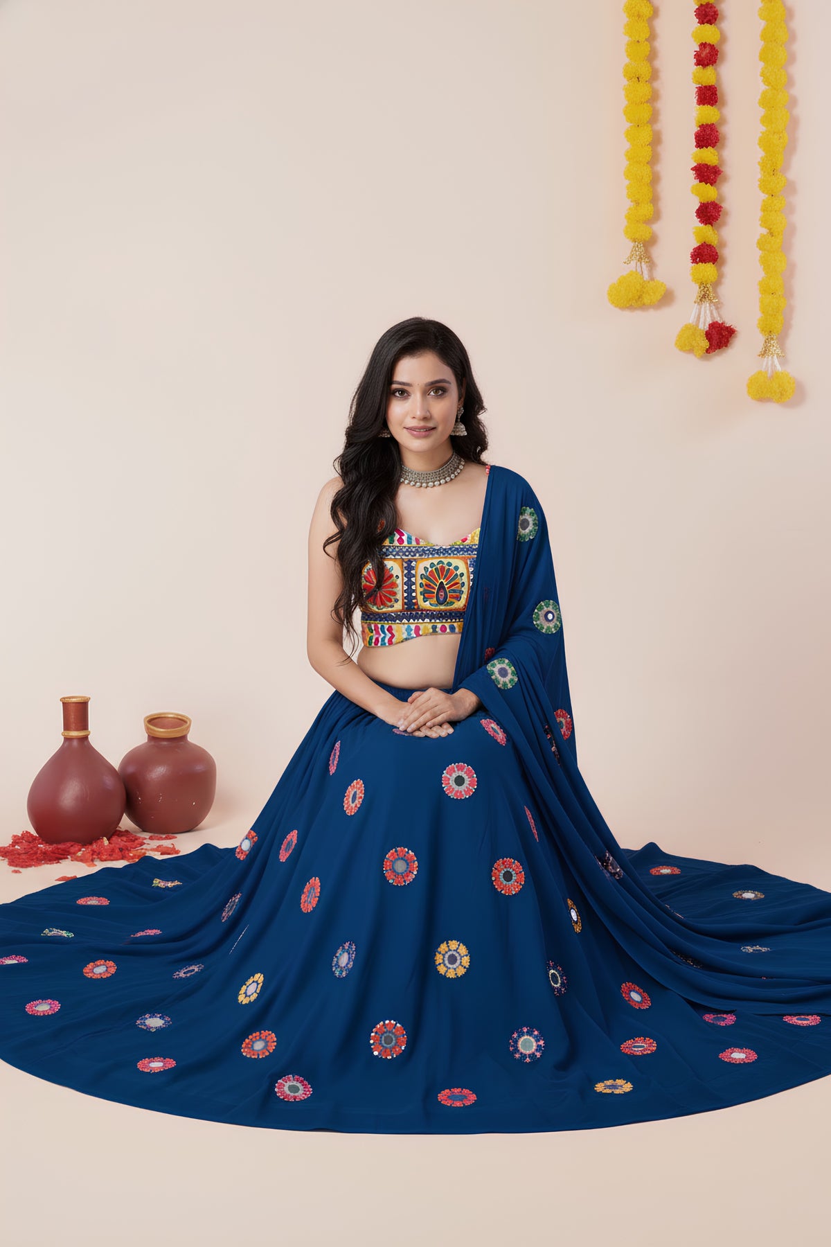 Stylish Royal Blue Rayon Mirror Work Designer Lehenga Choli with Dupatta for Women