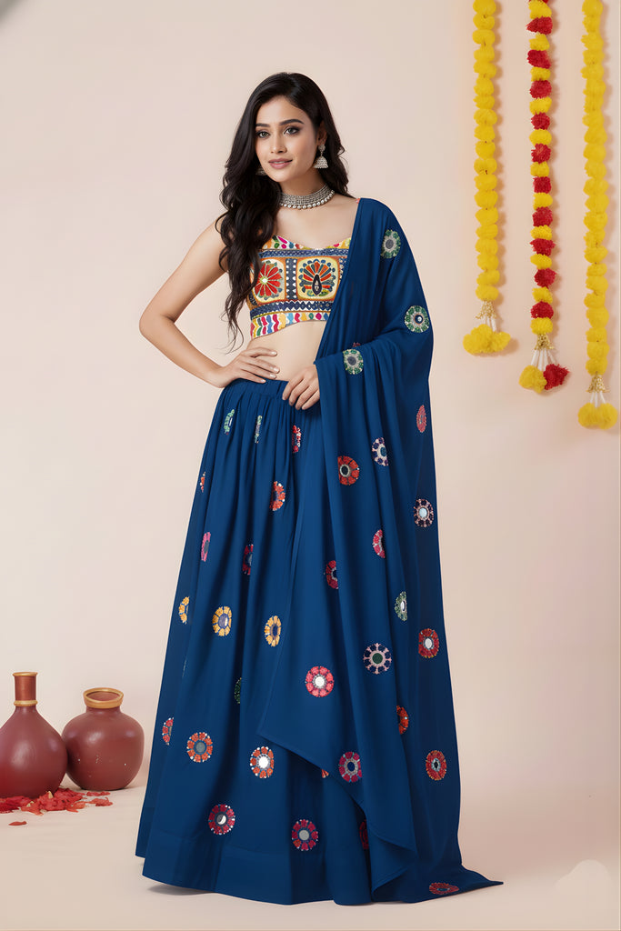 Stylish Royal Blue Rayon Mirror Work Lehenga Choli with Designer Blouse for Women