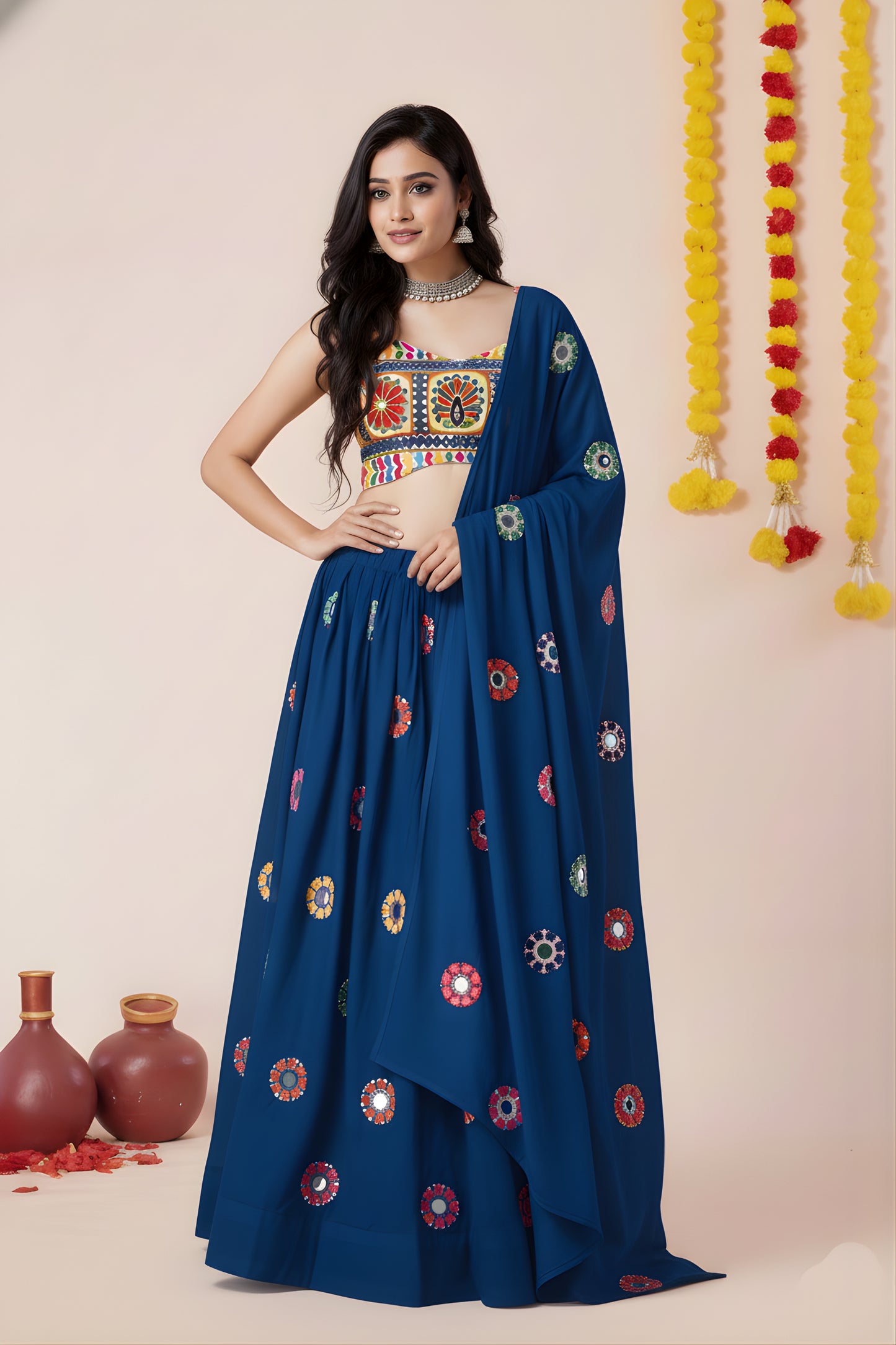 Stylish Royal Blue Rayon Mirror Work Lehenga Choli with Designer Blouse for Women