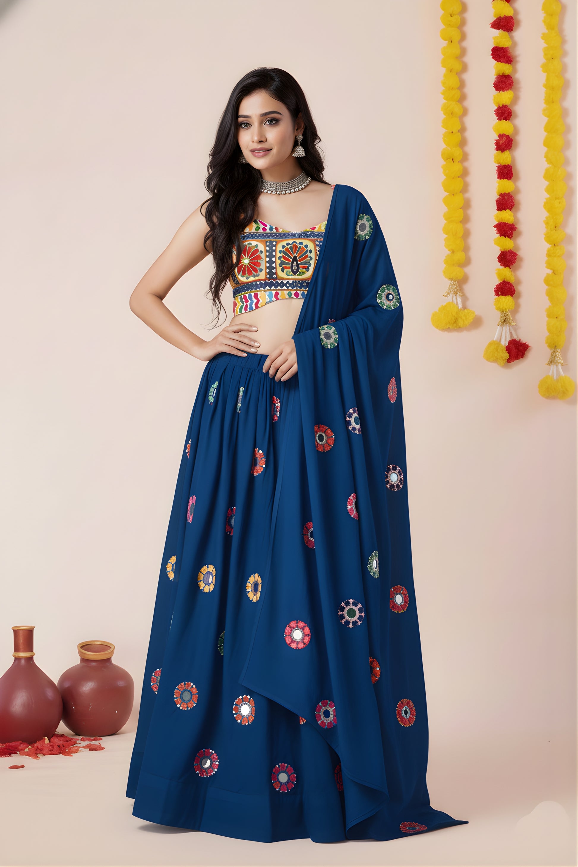 Stylish Royal Blue Rayon Mirror Work Lehenga Choli with Designer Blouse for Women