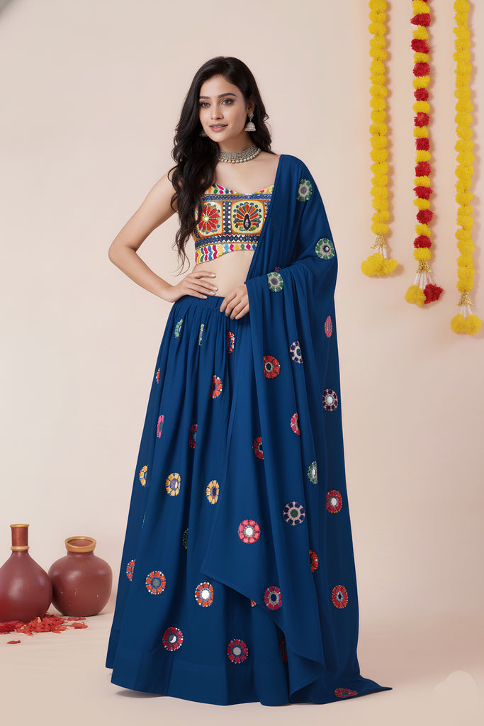 Stylish Royal Blue Rayon Mirror Work Designer Lehenga Choli with Dupatta for Women