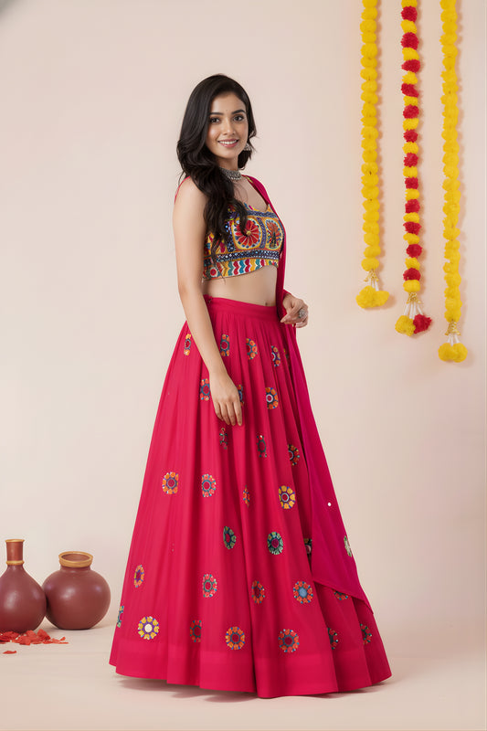 Superb Rani Pink Rayon Mirror Work Lehenga Choli with Designer Blouse for Women