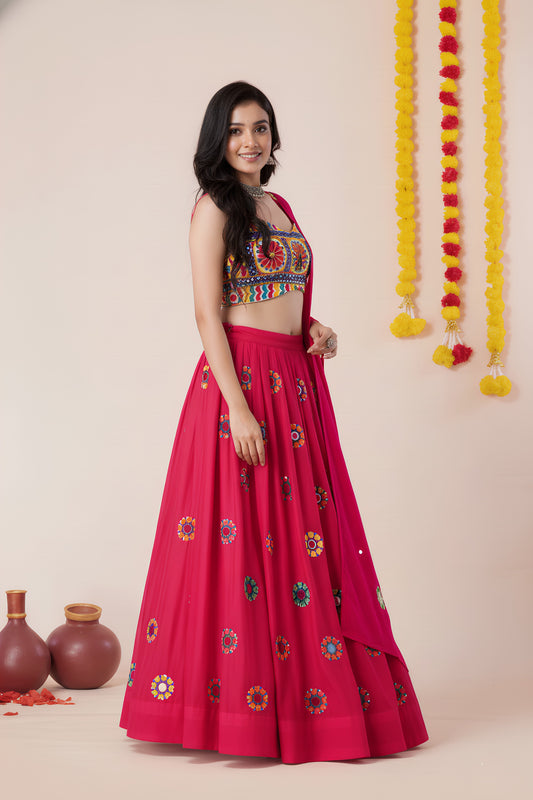 Beautiful Rani Pink Rayon Mirror Work Designer Lehenga Choli with Dupatta for Women