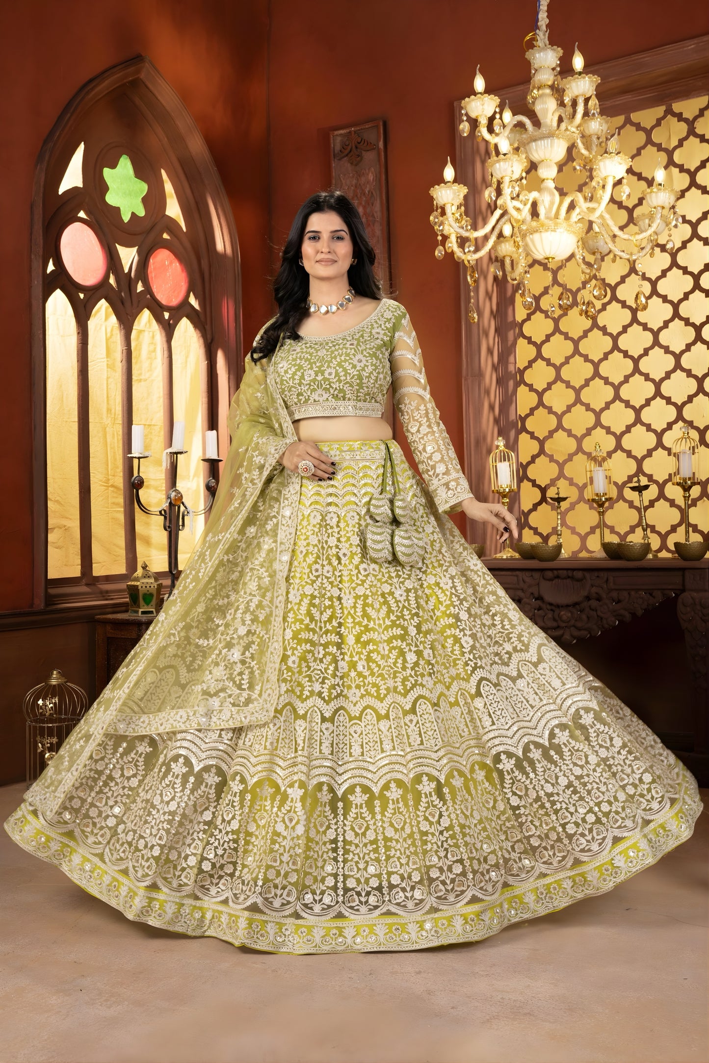 Designer Lime Green Heavy Embroidered Butterfly Net Lehenga Choli with Dupatta