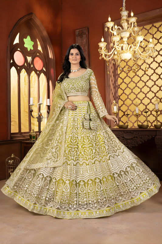 Designer Lime Green Heavy Embroidered Butterfly Net Lehenga Choli with Dupatta