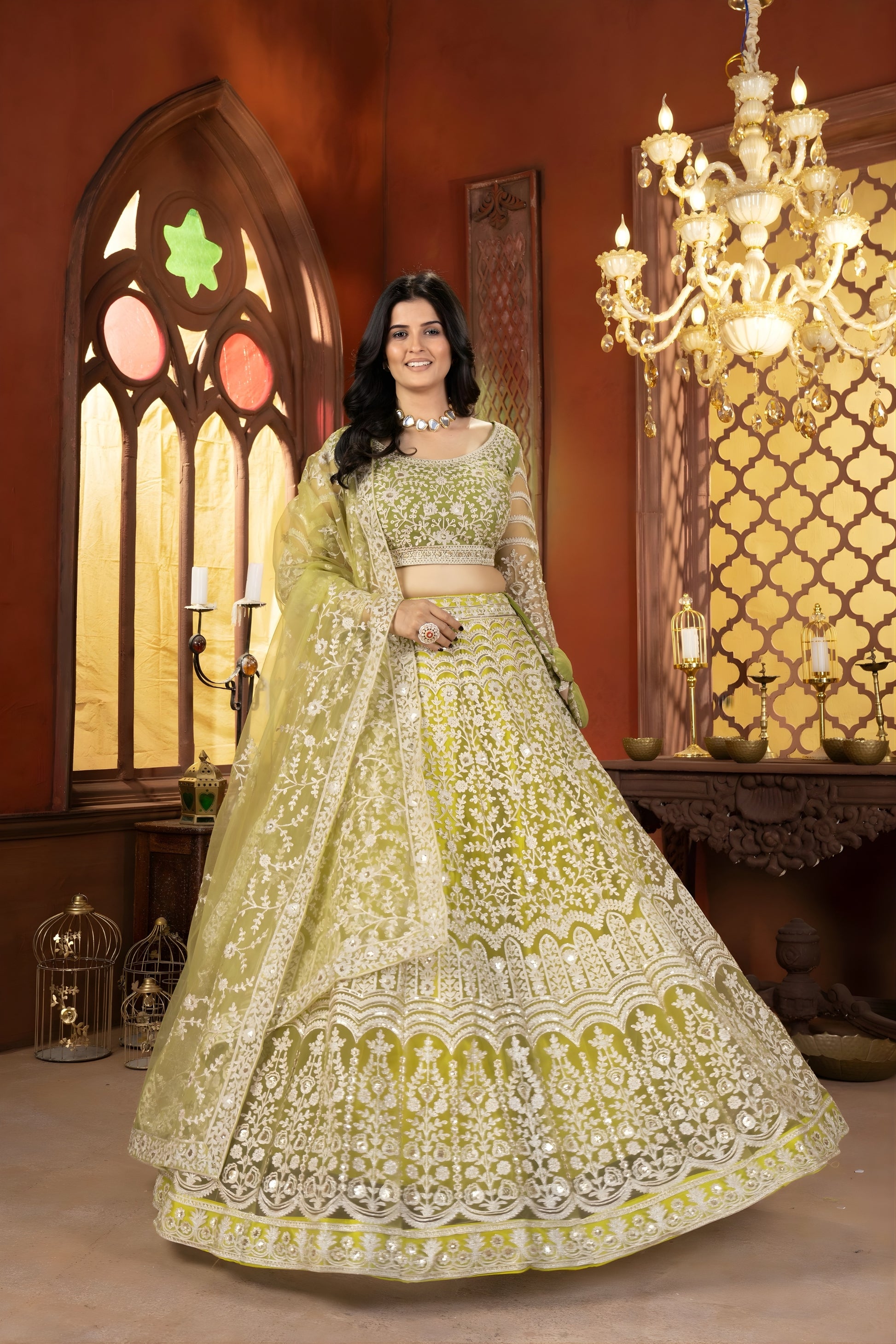Designer Lime Green Heavy Embroidered Butterfly Net Lehenga Choli with Dupatta