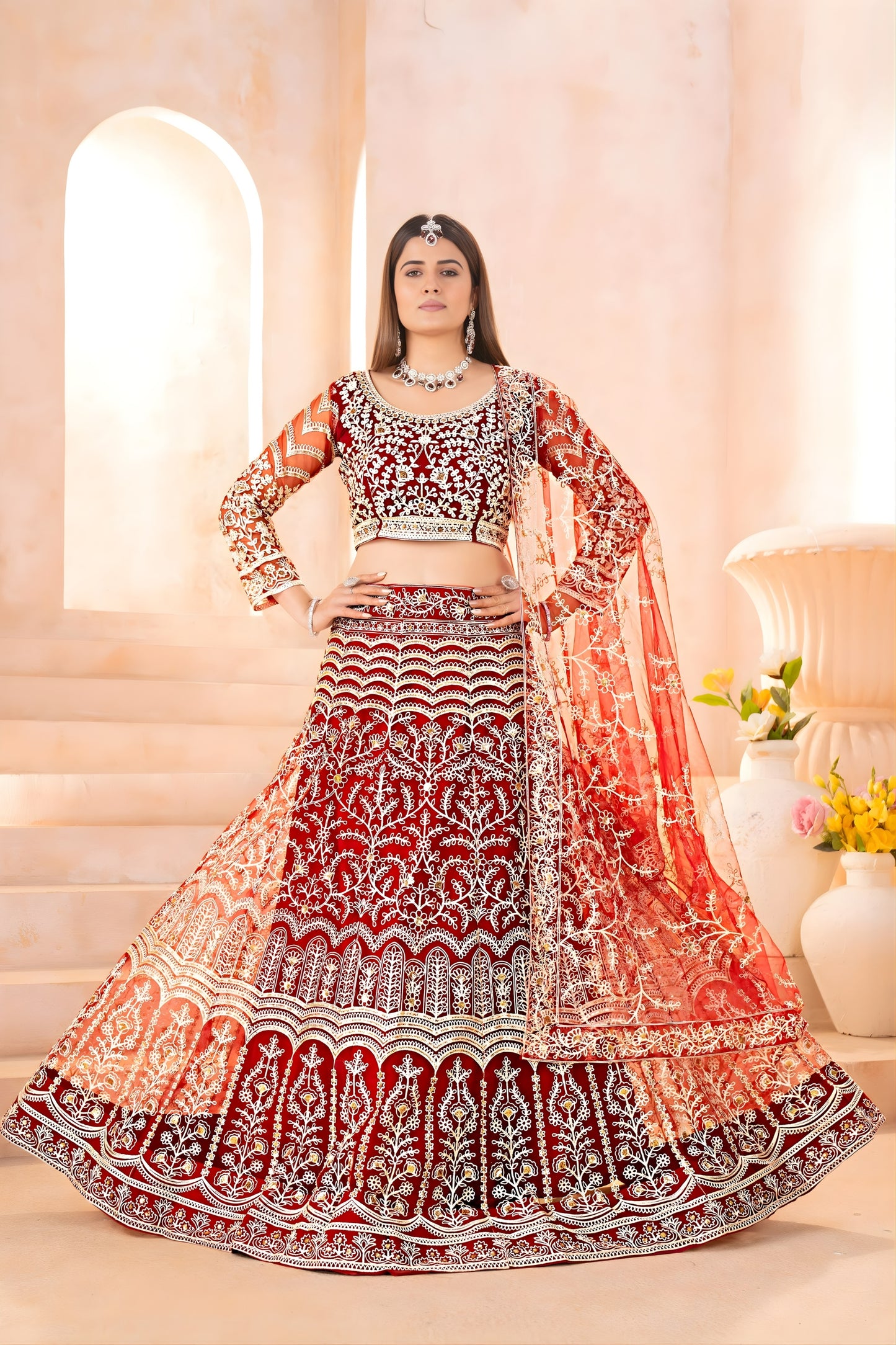 Luxurious Maroon Heavy Embroidered Butterfly Net Lehenga Choli with Dupatta