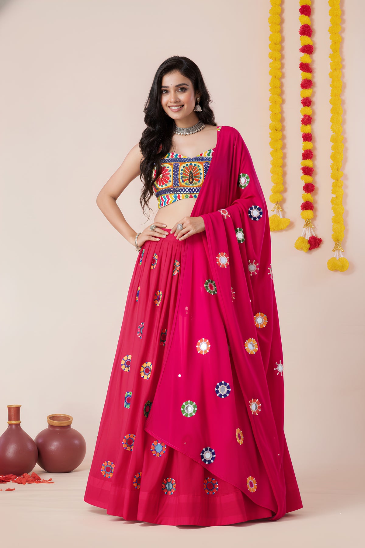 Beautiful Rani Pink Rayon Mirror Work Designer Lehenga Choli with Dupatta for Women