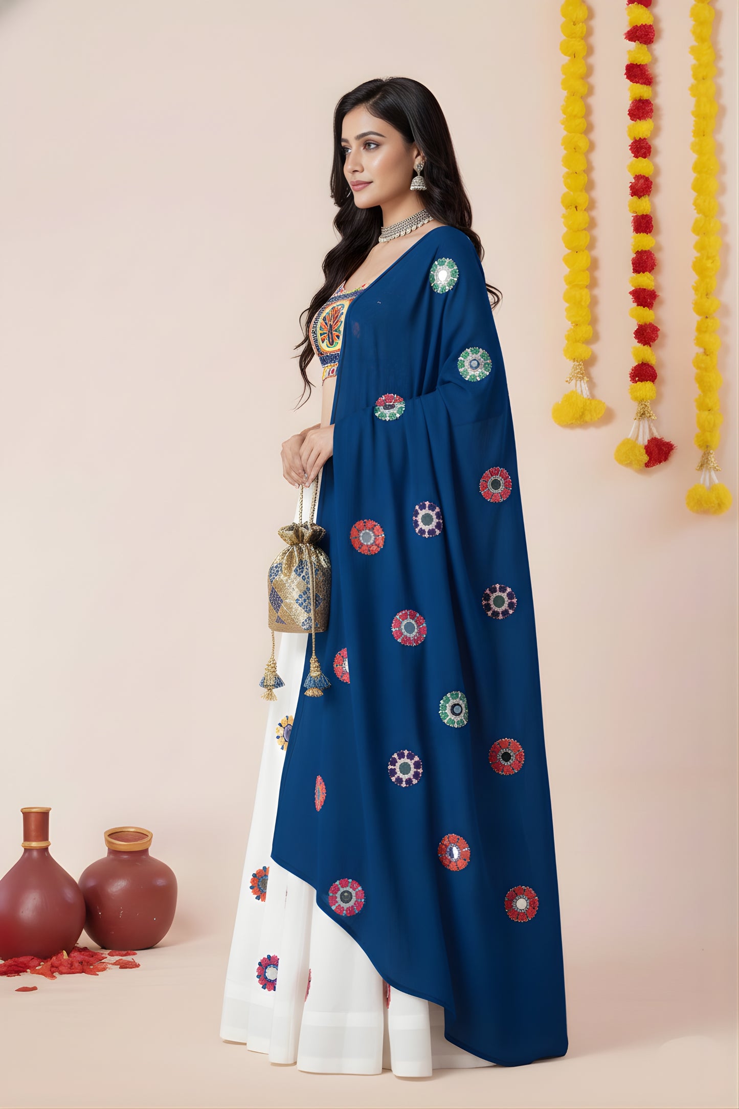 Festive White Rayon Mirror Work Lehenga Choli with Royal Blue Dupatta and Blouse for Women