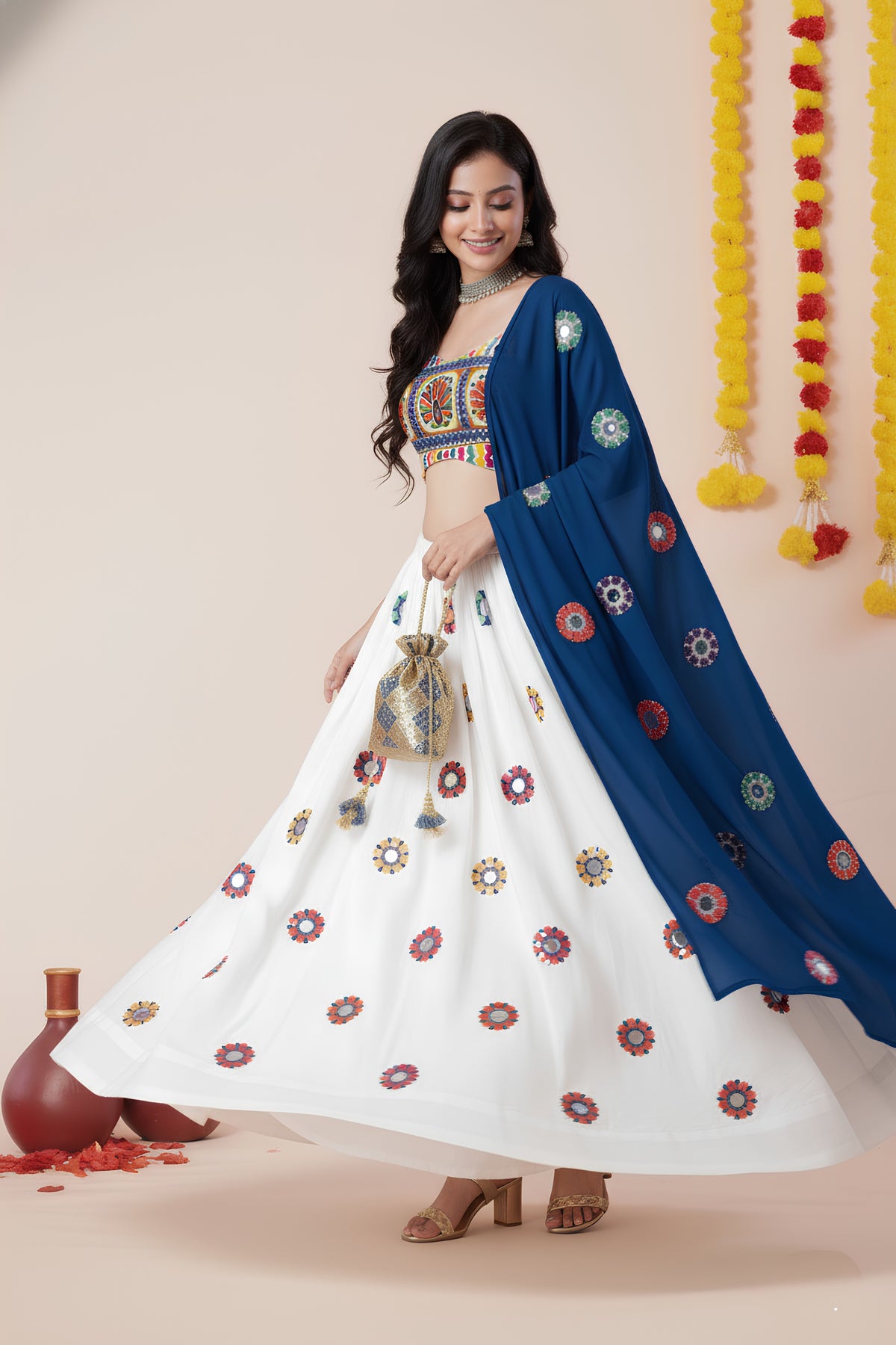 Elegant White and Royal Blue Rayon Mirror Work Designer Lehenga Choli with Dupatta for Women