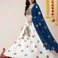 Festive White Rayon Mirror Work Lehenga Choli with Royal Blue Dupatta and Blouse for Women