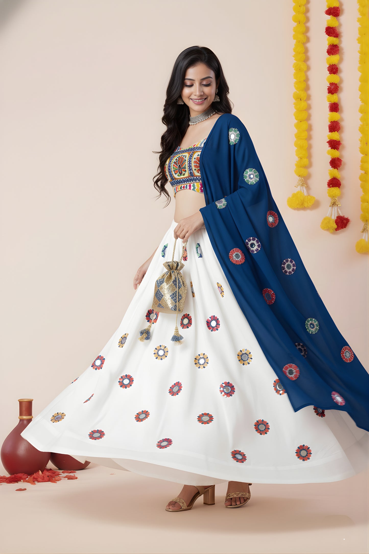 Festive White Rayon Mirror Work Lehenga Choli with Royal Blue Dupatta and Blouse for Women