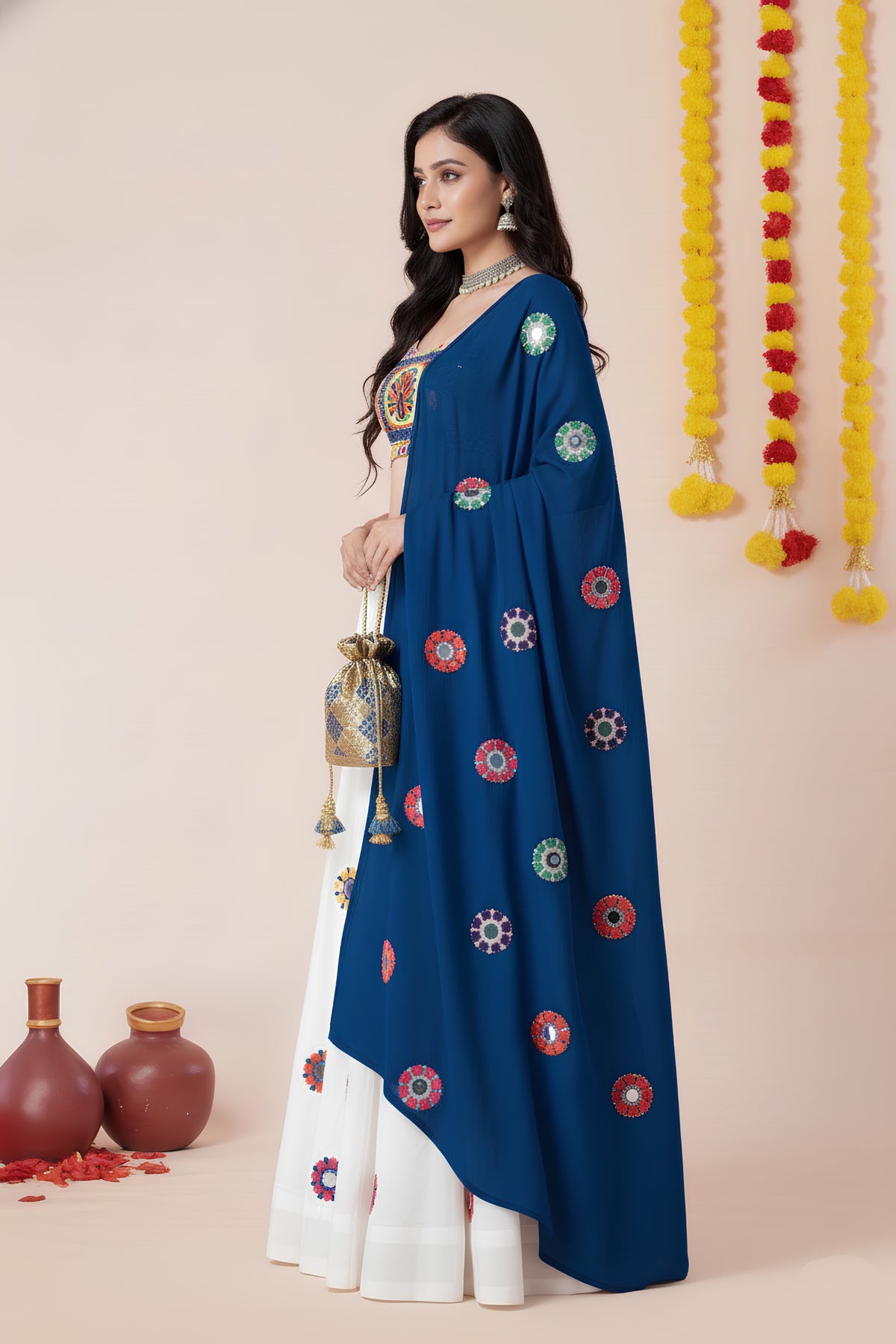 Elegant White and Royal Blue Rayon Mirror Work Designer Lehenga Choli with Dupatta for Women