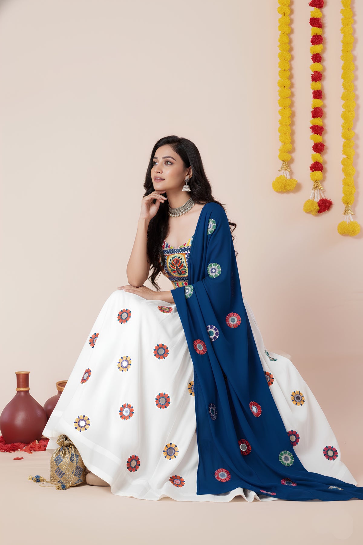 Elegant White and Royal Blue Rayon Mirror Work Designer Lehenga Choli with Dupatta for Women