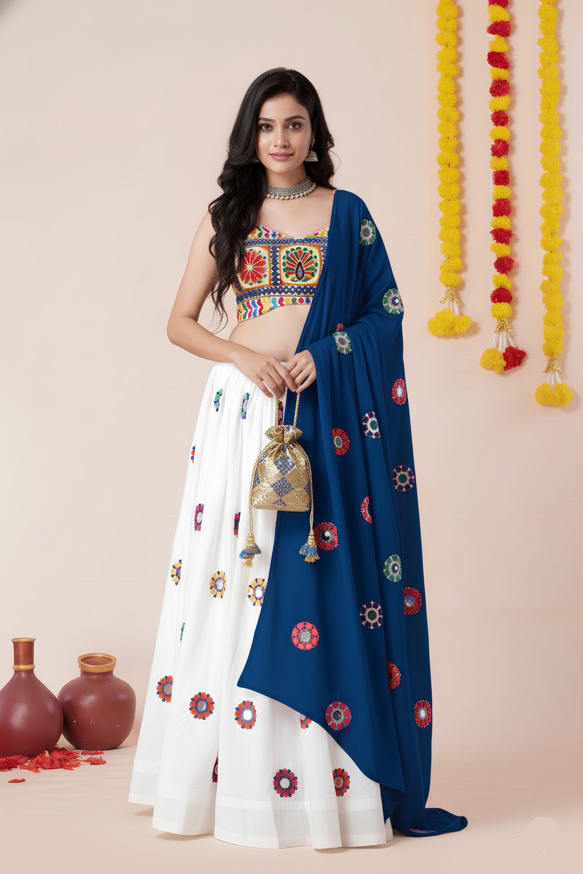 Elegant White and Royal Blue Rayon Mirror Work Designer Lehenga Choli with Dupatta for Women