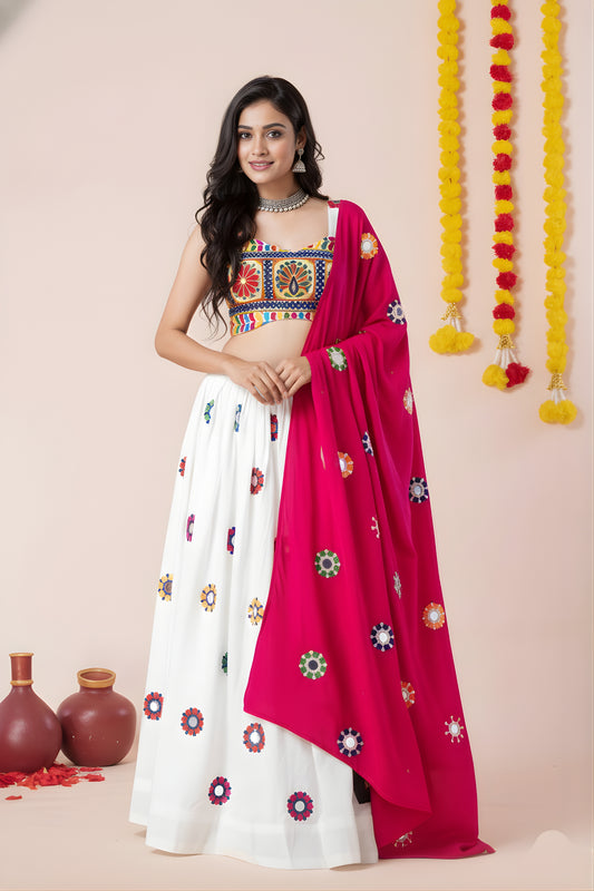 Traditional White Rayon Mirror Work Lehenga Choli with Rani Pink Dupatta and Blouse for Women