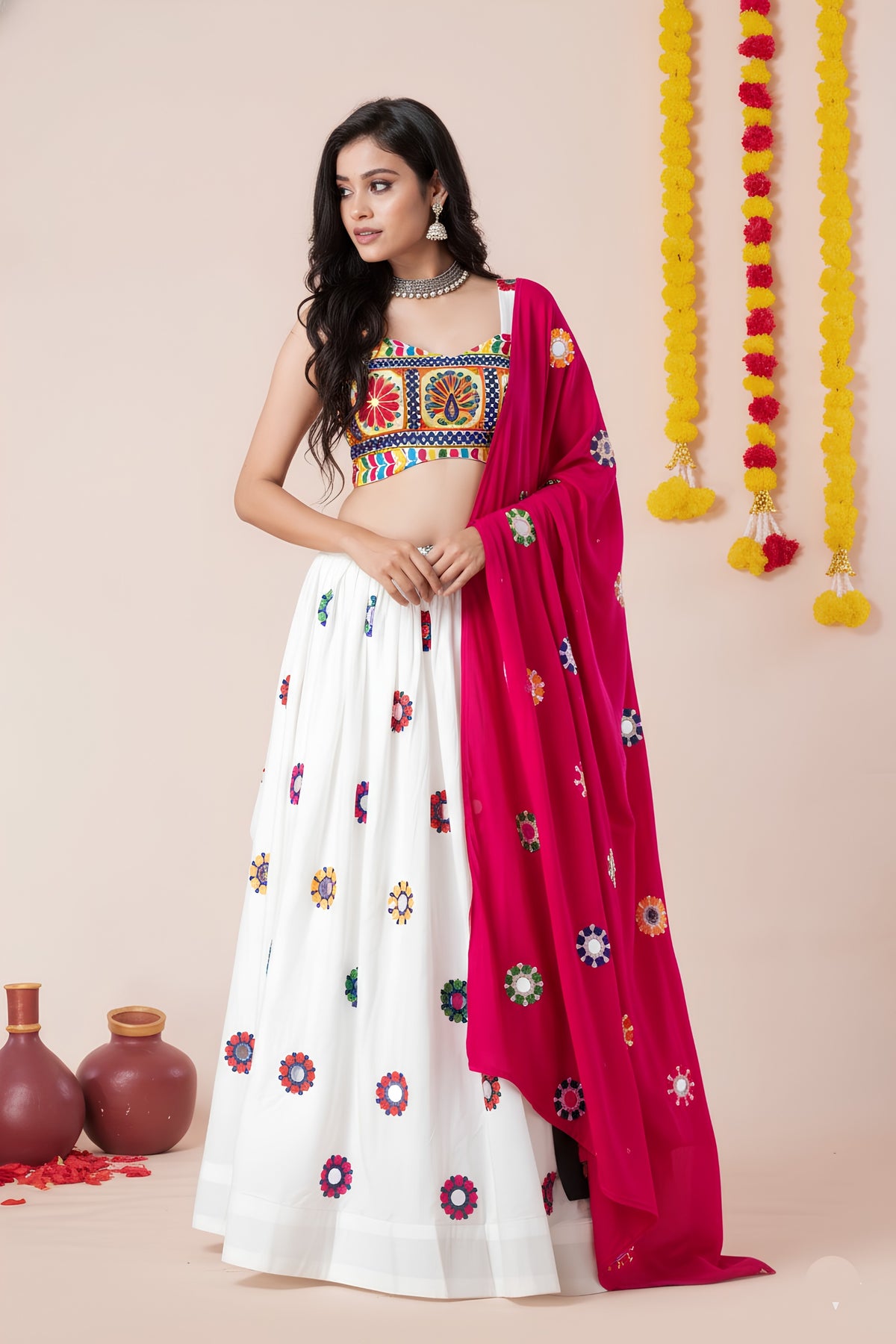 Gorgeous White and Rani Pink Rayon Mirror Work Designer Lehenga Choli with Dupatta for Women