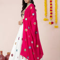 Traditional White Rayon Mirror Work Lehenga Choli with Rani Pink Dupatta and Blouse for Women