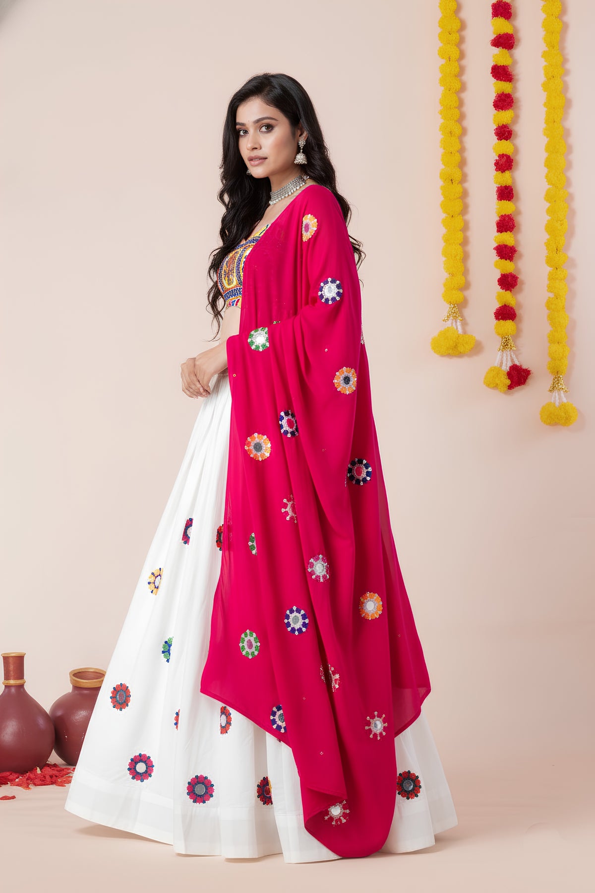 Gorgeous White and Rani Pink Rayon Mirror Work Designer Lehenga Choli with Dupatta for Women
