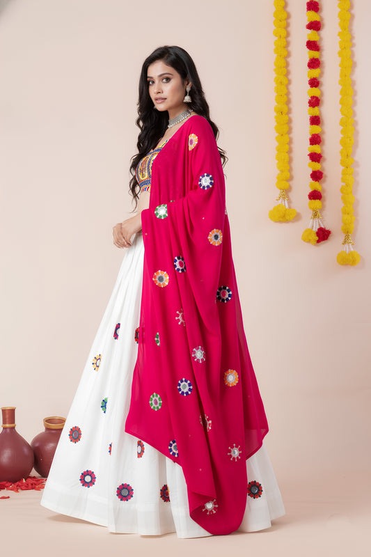 Gorgeous White and Rani Pink Rayon Mirror Work Designer Lehenga Choli with Dupatta for Women