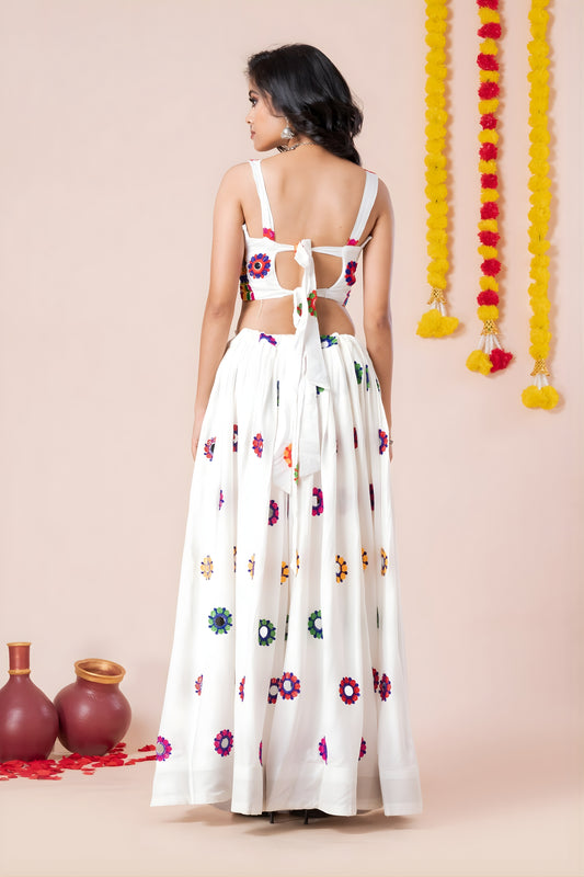 Traditional White Rayon Mirror Work Lehenga Choli with Rani Pink Dupatta and Blouse for Women