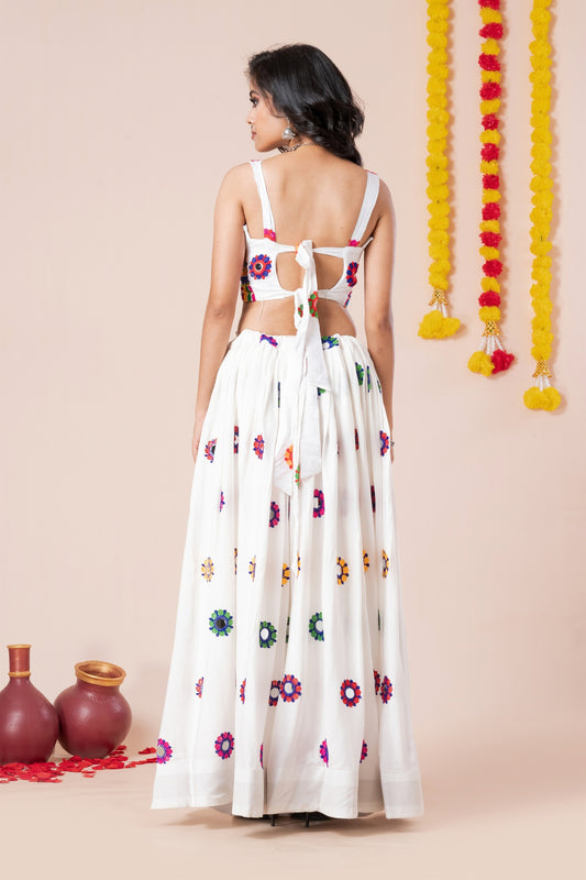 Gorgeous White and Rani Pink Rayon Mirror Work Designer Lehenga Choli with Dupatta for Women