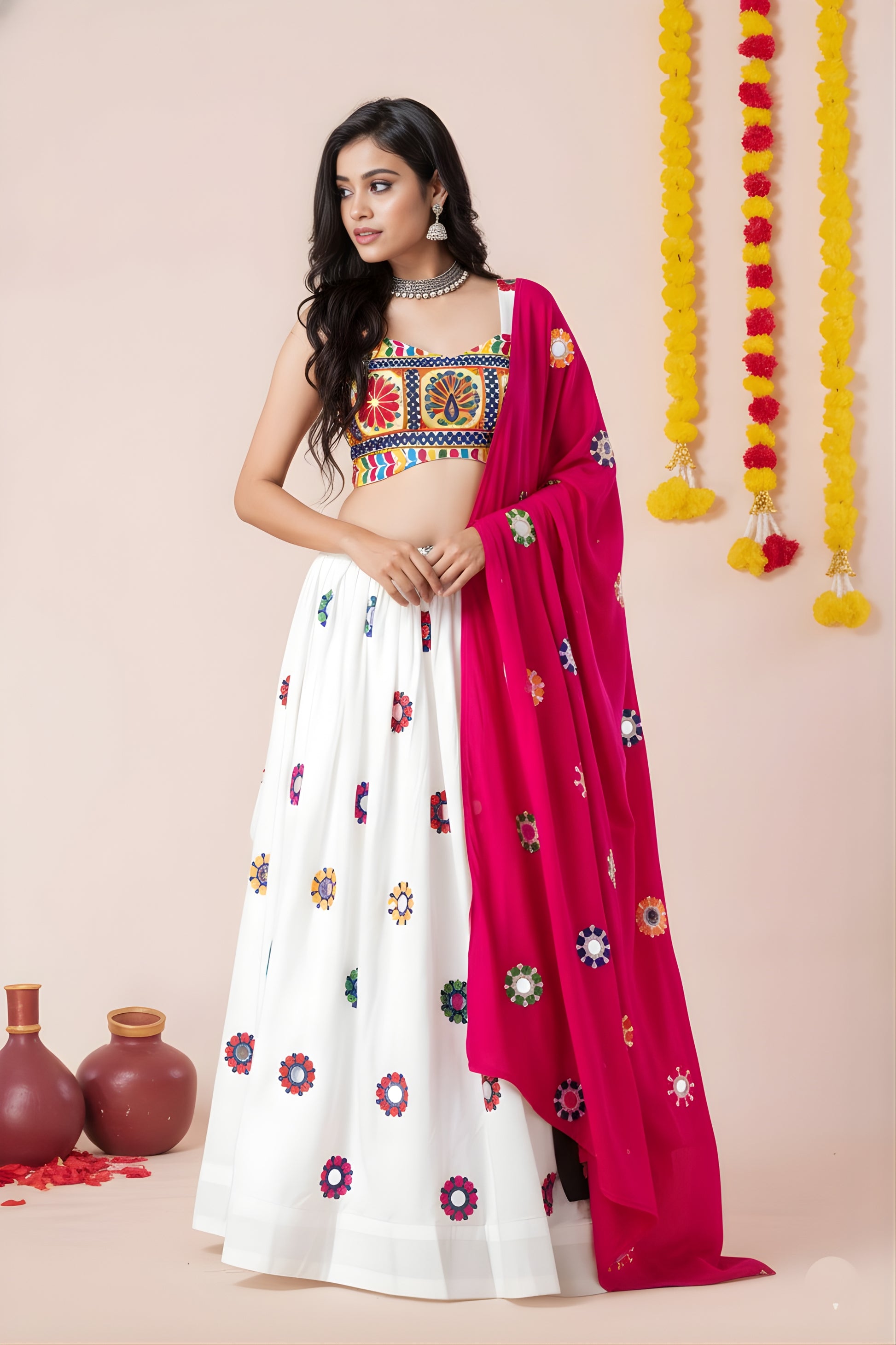 Traditional White Rayon Mirror Work Lehenga Choli with Rani Pink Dupatta and Blouse for Women