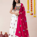 Gorgeous White and Rani Pink Rayon Mirror Work Designer Lehenga Choli with Dupatta for Women