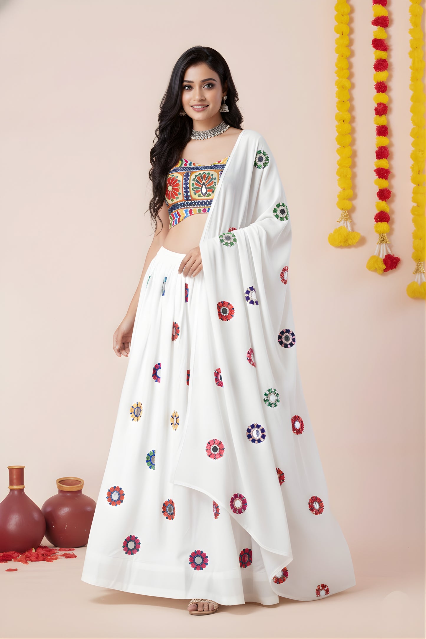 Stunning White Rayon Mirror Work Lehenga Choli with Dupatta and Blouse for Women
