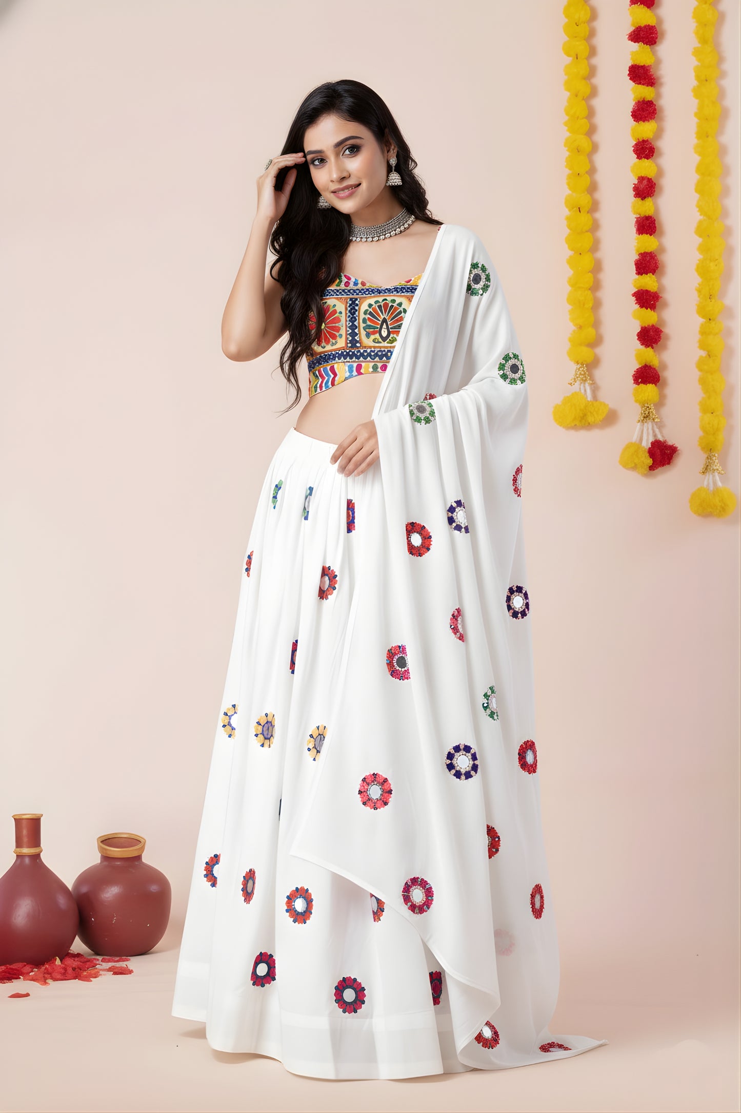 Stunning White Rayon Mirror Work Lehenga Choli with Dupatta and Blouse for Women