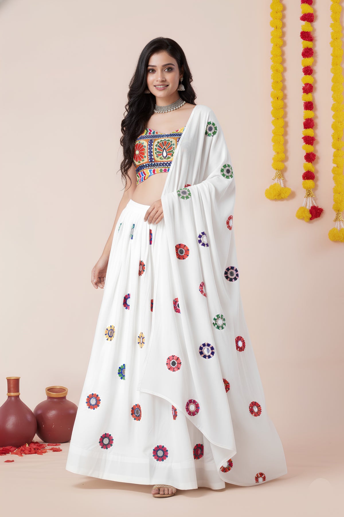 Beautiful White Rayon Mirror Work Designer Lehenga Choli with Dupatta for Women