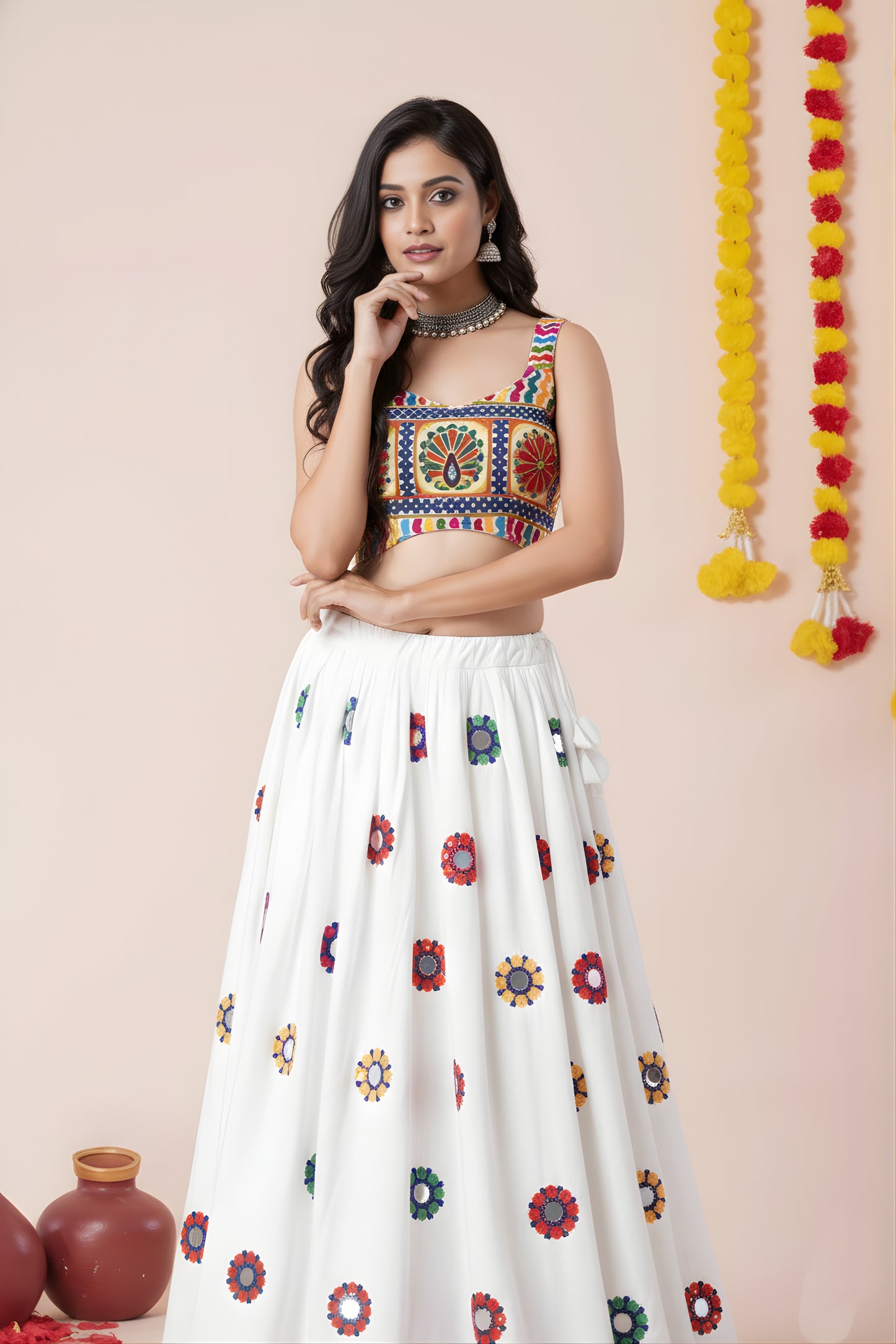 Stunning White Rayon Mirror Work Lehenga Choli with Dupatta and Blouse for Women