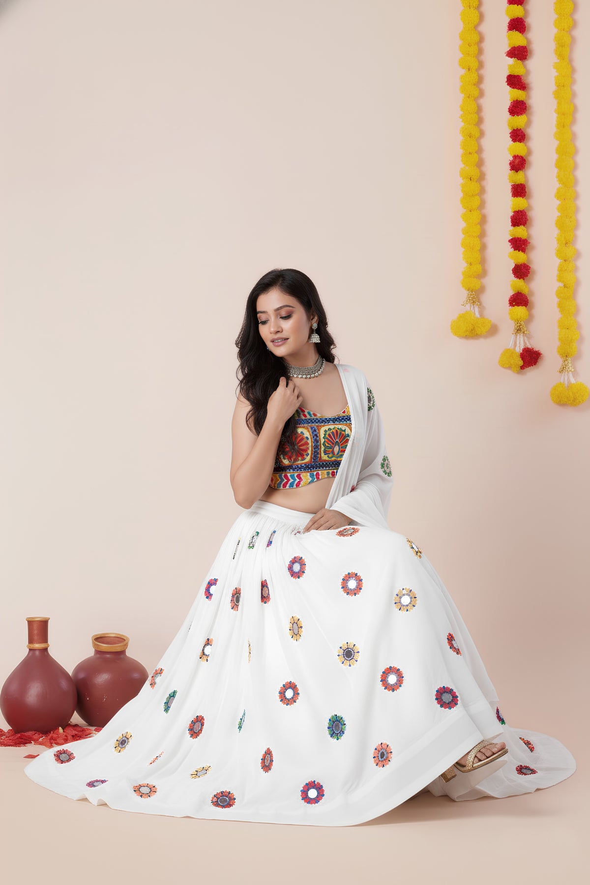 Beautiful White Rayon Mirror Work Designer Lehenga Choli with Dupatta for Women