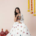 Stunning White Rayon Mirror Work Lehenga Choli with Dupatta and Blouse for Women