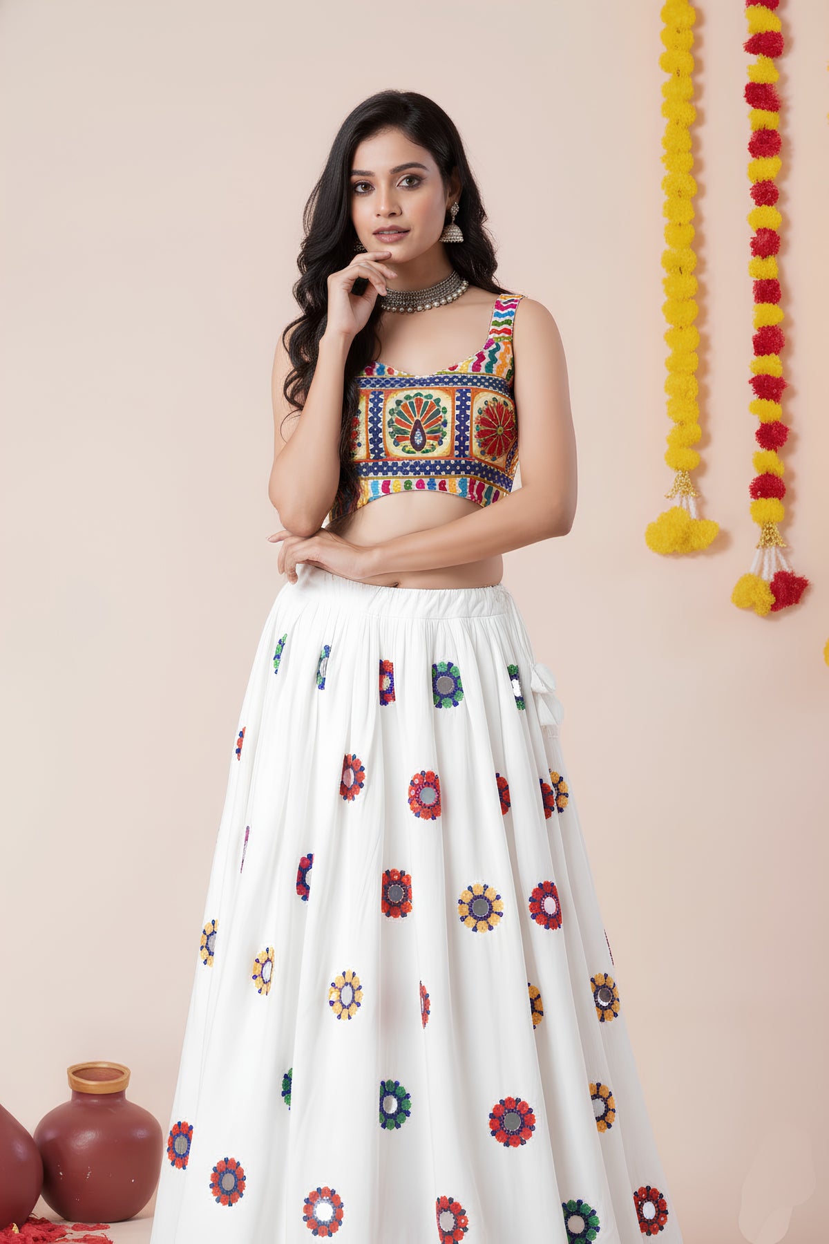 Beautiful White Rayon Mirror Work Designer Lehenga Choli with Dupatta for Women