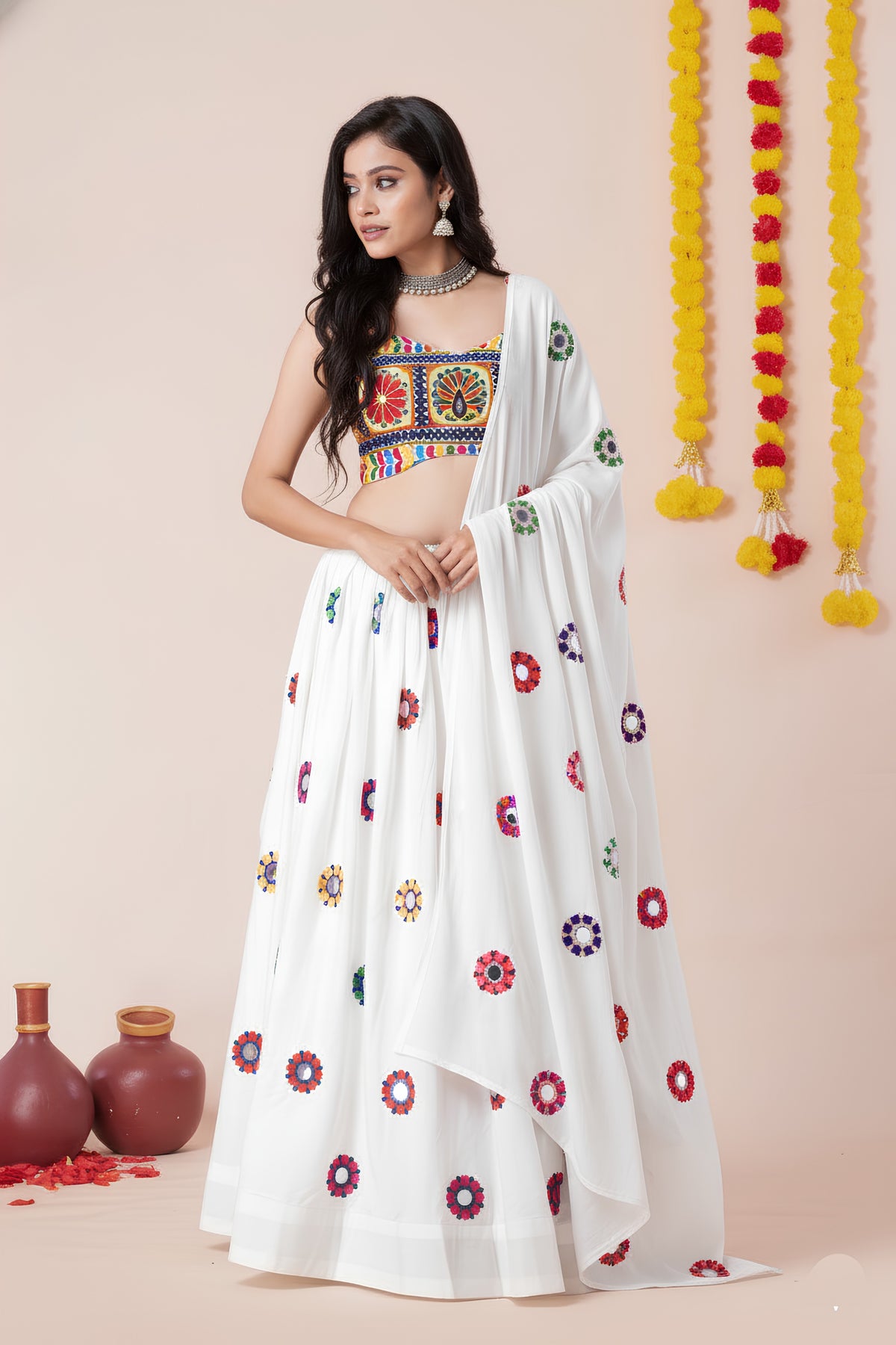 Beautiful White Rayon Mirror Work Designer Lehenga Choli with Dupatta for Women